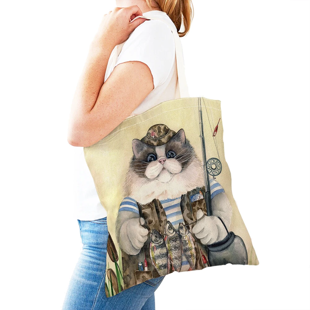 Sac à provisions en toile décontractée à double impression d'animaux de dessin animé pour enfants, sac fourre-tout mignon, sac à main de chat de pêche, initié au gril, femmes