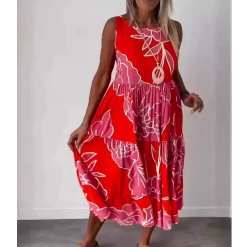 Robe trapèze imprimée sans manches pour femmes, col rond, élégante, plissée, longue, style Boho, ample, décontractée, été, 2025