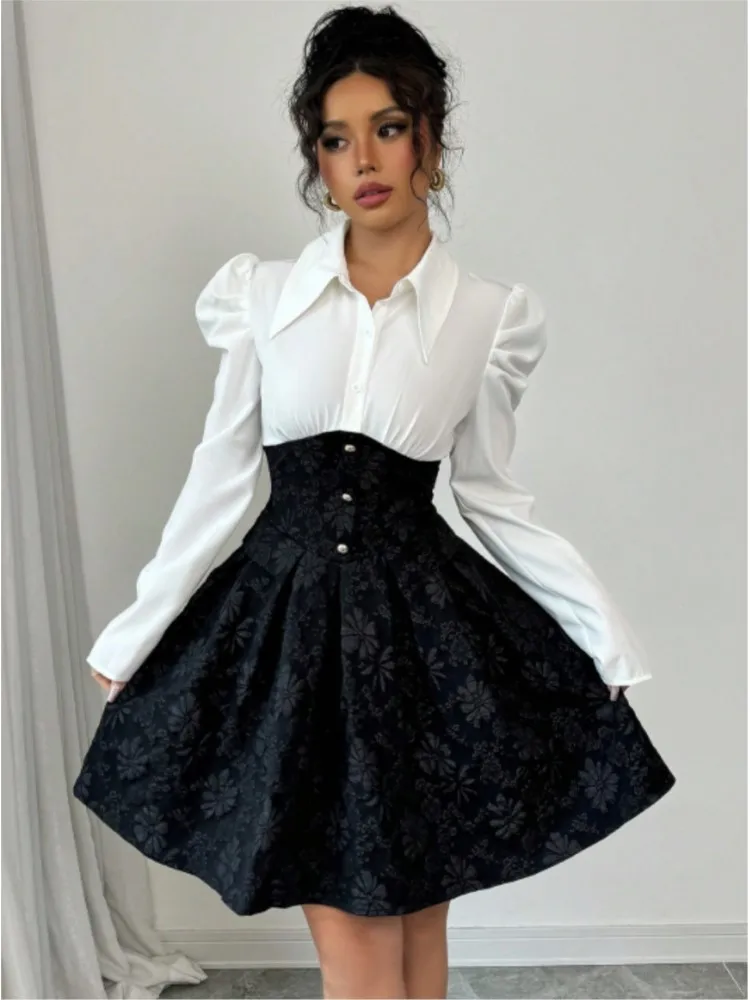 Abito autunnale Donna Fiore Patchwork floreale Volant Pieghettato Moda Abiti eleganti da donna Mini abito da donna sottile a vita alta