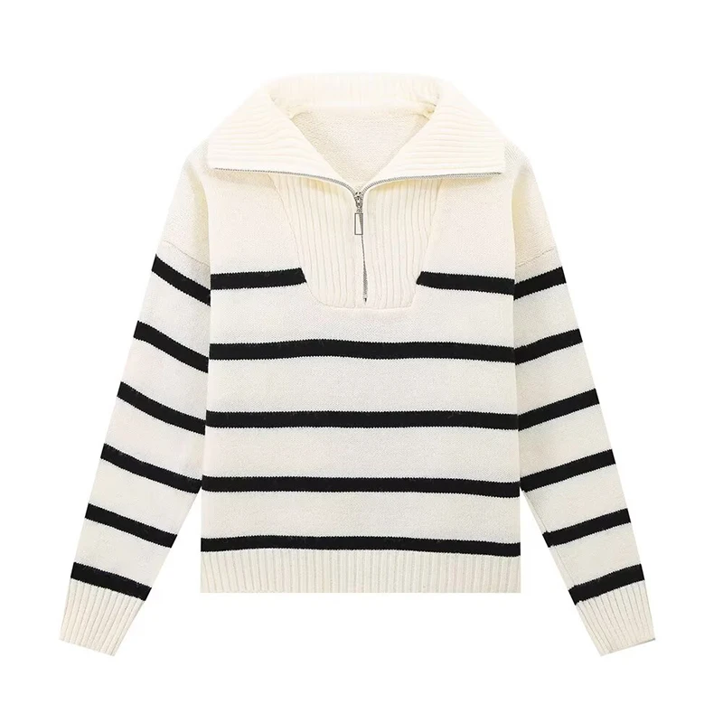 YENKYE Maglione da donna a righe con cerniera Manica lunga Colletto con risvolto Pullover lavorato a maglia Maglioni corti casual autunno inverno femminile