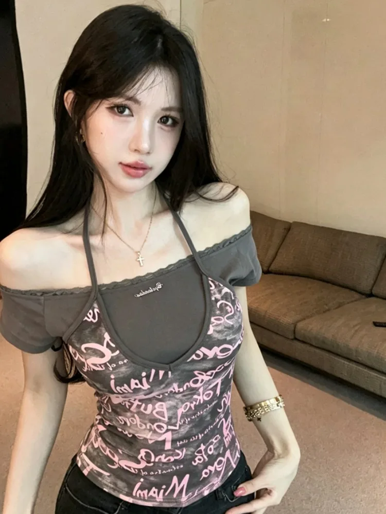 

Slim Fit American Style Short Sleeve T-Shirt Women's Summer New Style Graffiti Letter Neck Hanging Top Thin Effectiveness