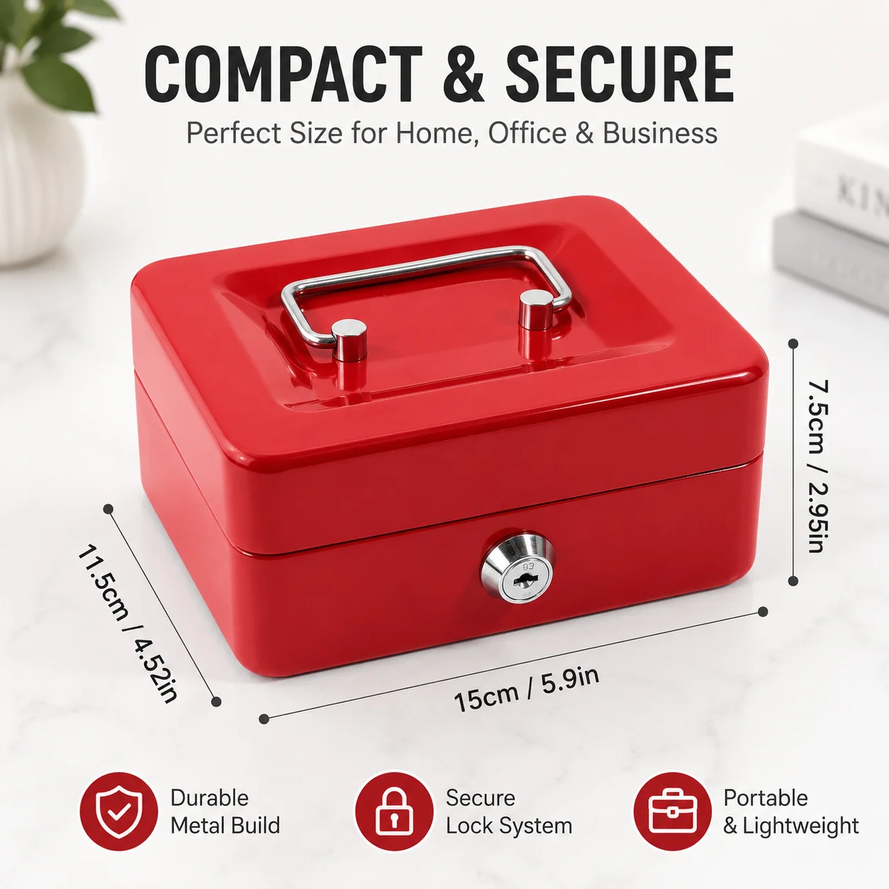 Portable Metal Cash Box With 2 Keys Removable 6-grid Tray Secure Lock Handle For Coins Bills Home Office Business Use