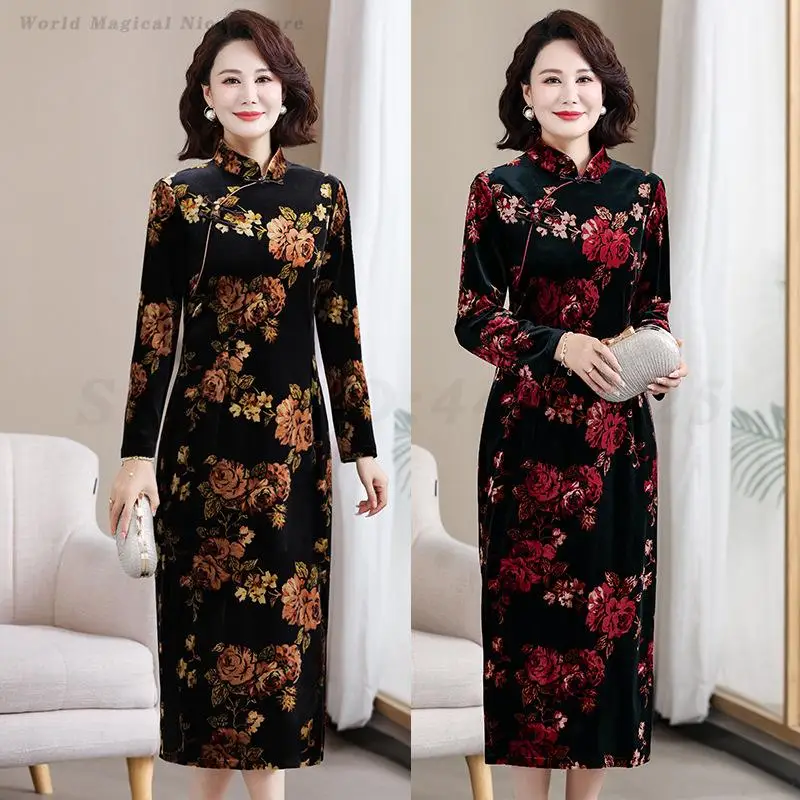 

Женский Cheongsam с винтажным принтом и цветочным принтом, большие размеры 4XL, бархатное Ципао, китайское традиционное платье с воротником-стойкой, осенние новые платья