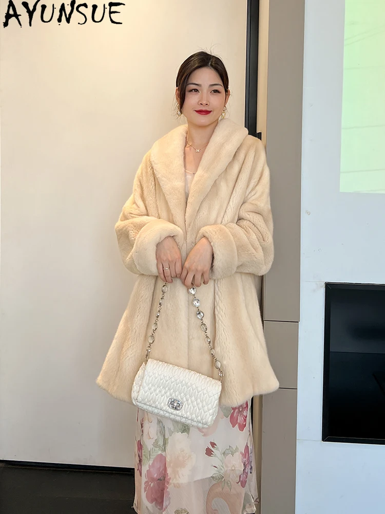 AYUNSUE Natural Velvet Mink Fur Coat Woman Shawl Collar Mid Length Real Fur Coat Woman Clothing Whole Mink Winter Шуба Женская