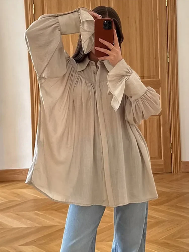 

Autumn Women's Fashionable Loose Collared Shirt Office Lady Solid Color Versatile Flare sleeve Top Long Sleeved Shirt