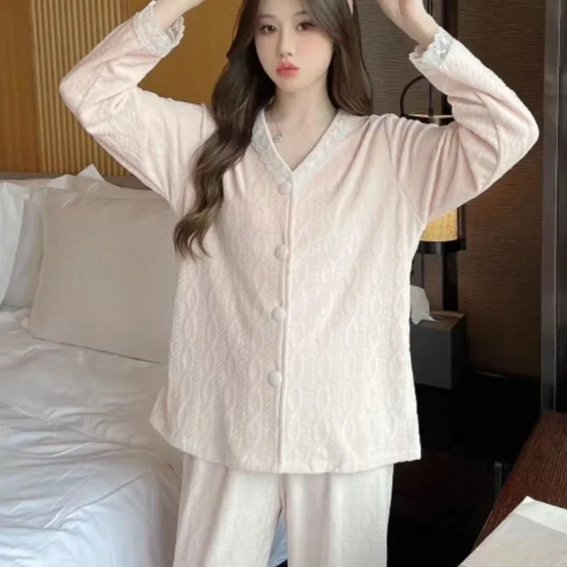 2024 New Autumn Winter Pajamas Women Double-sided Island Velvet Sleepwear Lace V-neck Spring Homewear Set Loose Sweet Loungewear