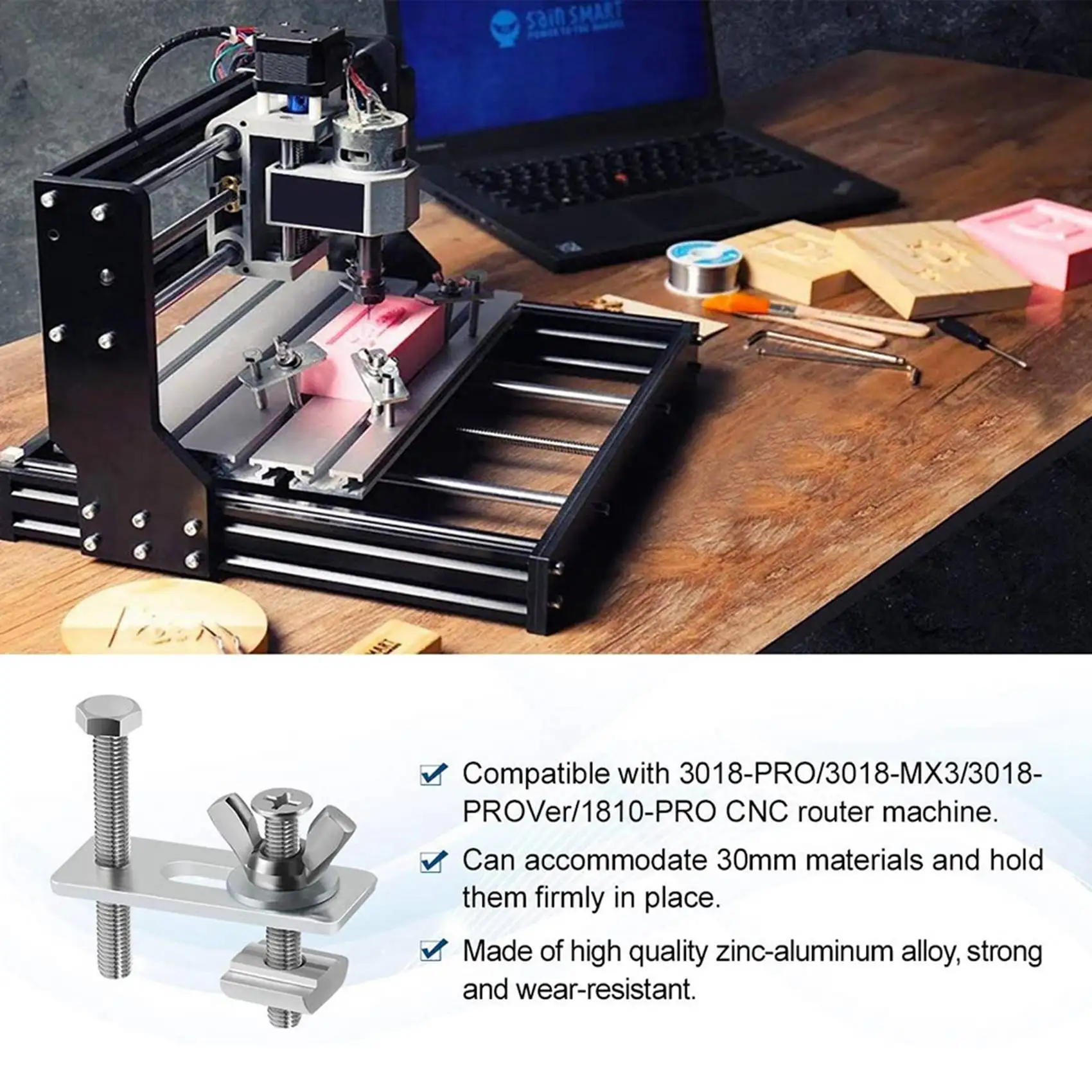 A19F-8 Pack T-Track Clamp,Mini T Track Hold Down Clamps Kit Compatible With 3018-PRO,3018-Prover,1810-PRO CNC Router Machine view 2