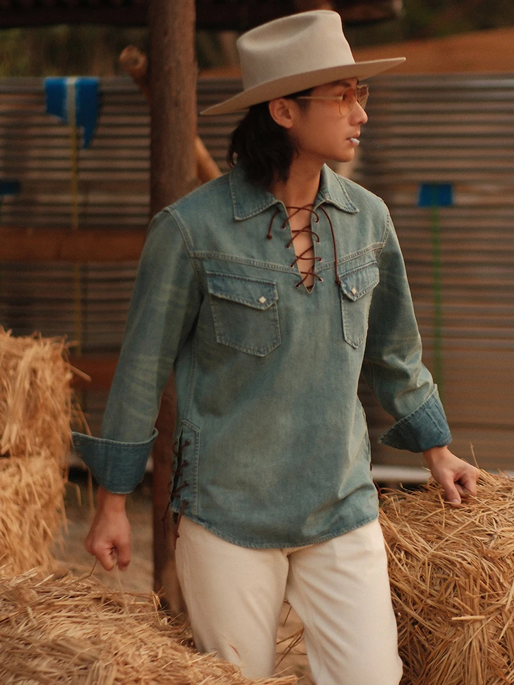 

Ретро-рубашка из денима и кожи с пиратским воротником, открытой передней частью, поясом на завязках, в стиле вестерн, Mbbcar, стандартный крой, длинный рукав