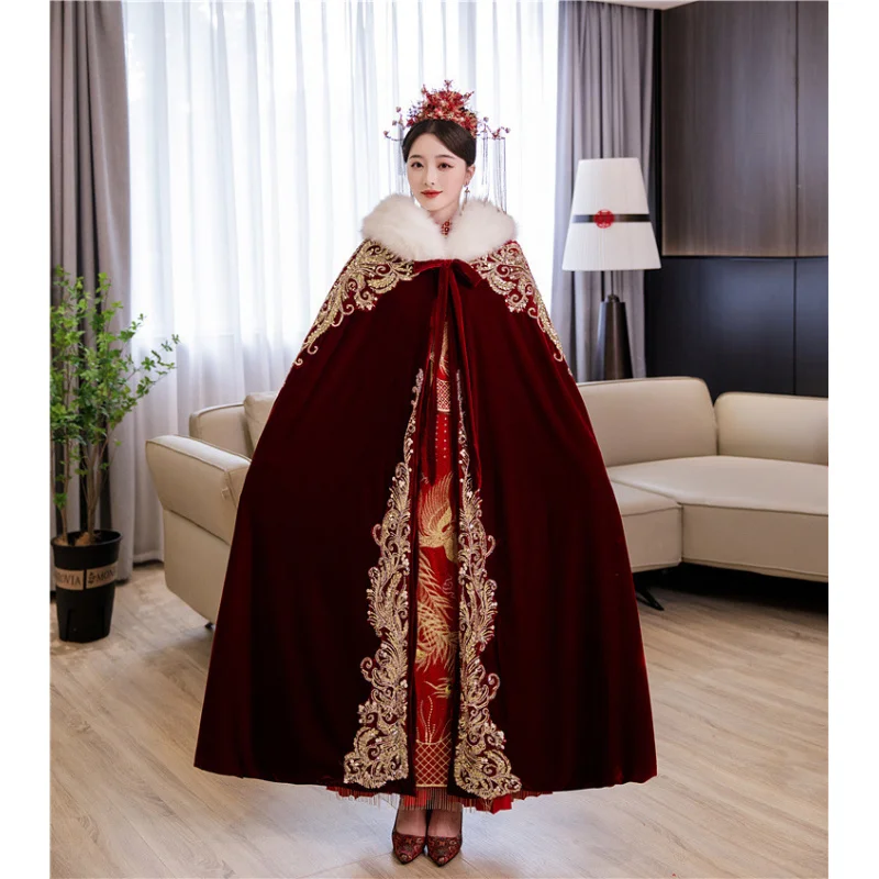 Xiuhe Suit Cloak Red Xiuhe Cloak Bride Chinese Wedding Fur Shawl Cloak Warm Thick Fur Collar Cloak