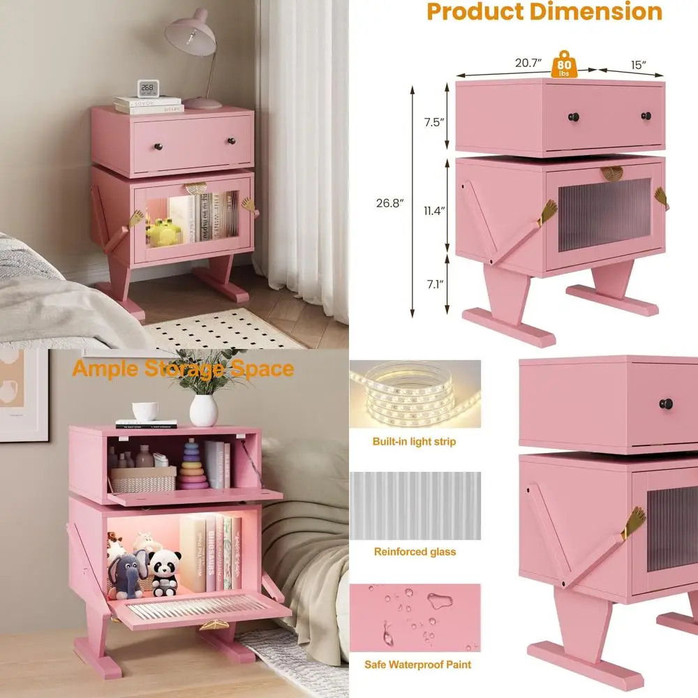 

Contemporary Pink Nightstand with LED Lights, 360° Swivel Drawer, Storage for Bedroom or Home Office