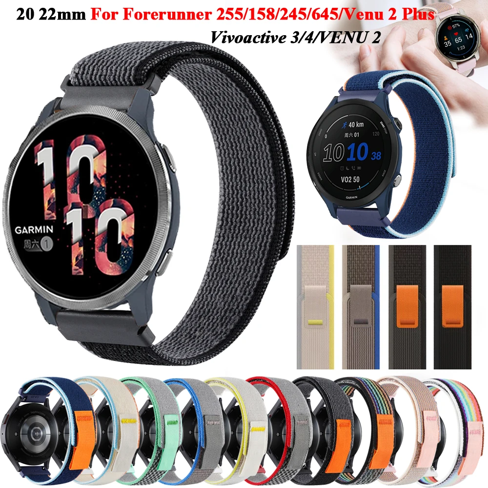 20 22mm Smart Watch Bands For Garmin Vivoactive 3/4 Venu 2 SQ/Plus Forerunner 645 245m/255 745 Nylon Strap Wristband Accessories