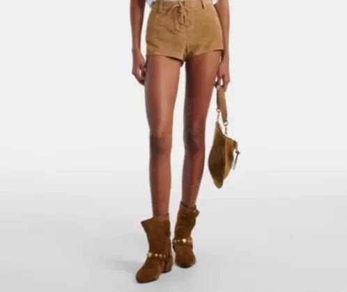 

Retro Woman Brown Beige Suede Round Toe Gold Metal Rivets Flat Mid-calf Boots Female Slip On Roman Leisure Run Way Short Boots