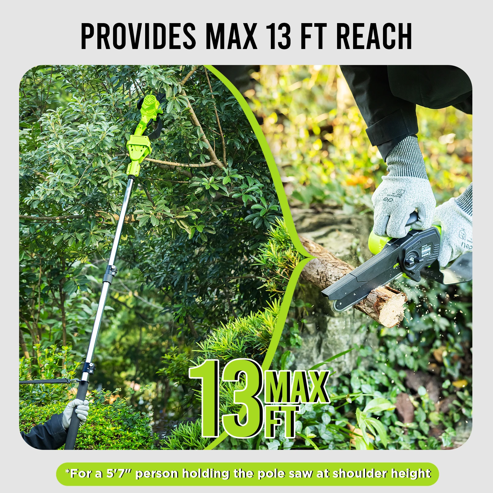 Deli 2-IN-1 Brushless Electric Pole Saw & Cordless Chainsaw,5.29 lbs Lightweight, 13 FT Max,21V 2.0Ah Battery & Charger