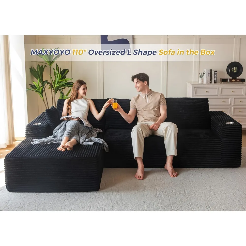 أريكة مقطعية مقاس 110 بوصة مع كرسي على شكل حرف L، أريكة حديثة بدون عظم لغرفة المعيشة، أريكة في صندوق، أريكة كبيرة الحجم للنوم #3