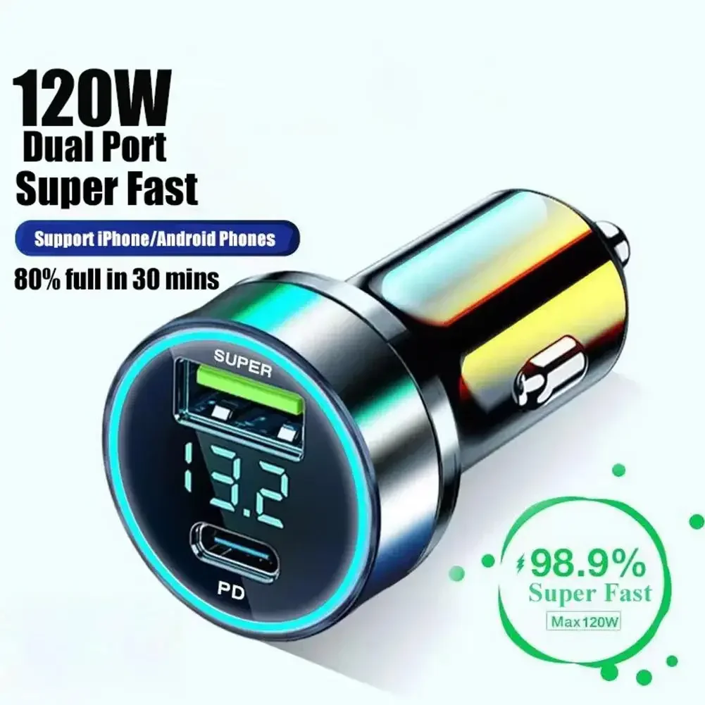 120W PD USB Autoladegerät USB C Schnellladeadapter QC3.0 für iPhone Xiaomi Samsung Handy-Ladegerät im Auto Digitalanzeige