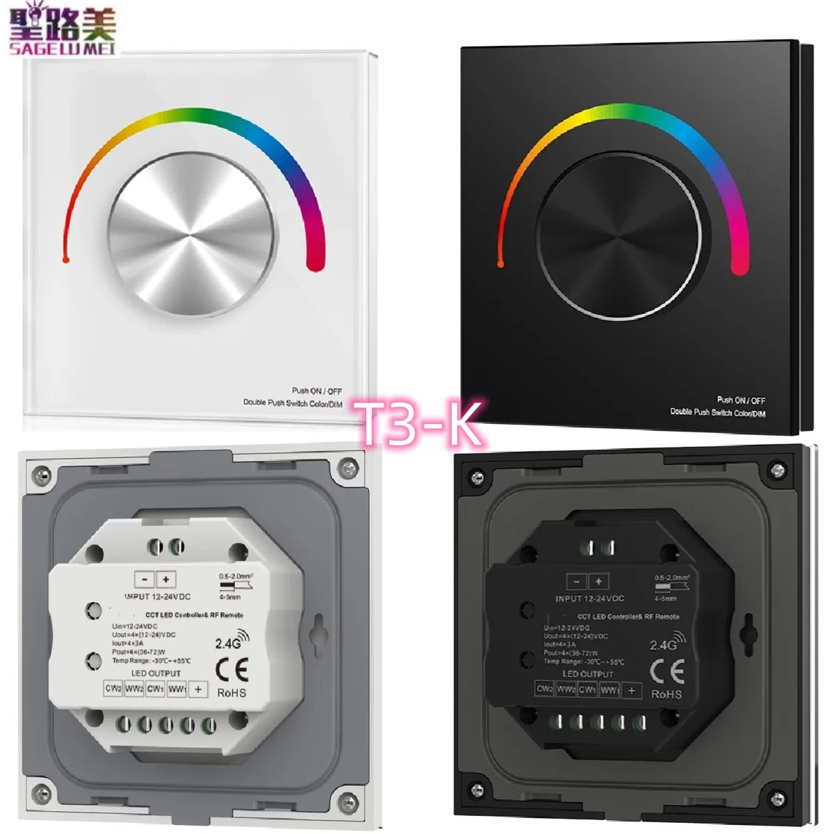 Rotary Panel LED CV Dimming Wall Mounted Controller T1-K /T2-K /T3-K DC12-48V for Single Color/Dual Color/RGB/RGBW Strip Light