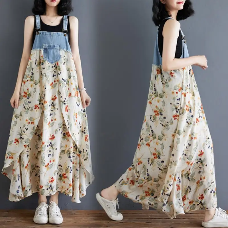 

Denim Patchwork Chiffon Print Dresses Women Summer Autumn Strap Ladies Brief Vest A-line Dresses Fashion Robe Female Clothing