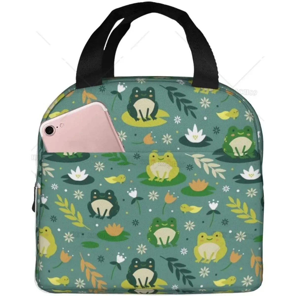 

Cute Animal Green Frog Pattern Lunch Bag for Women Men Insulated Lunch Box with Pocket Tote Bags for Work Travel Picnic Beach