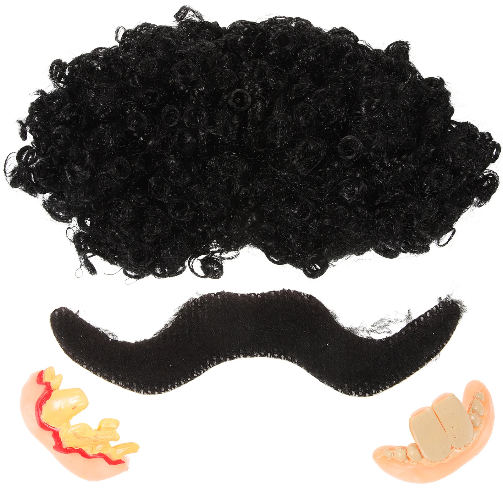 ชุดฟันปลอมและหนวดปลอมสำหรับฮาโลวีน 4 ชิ้น สีดำ หนวดปลอมแบบหลวม ฟันปลอมแบบเน่า สำหรับแต่งกาย คอสเพลย์ ปาร์ตี้ งานแฟนซี