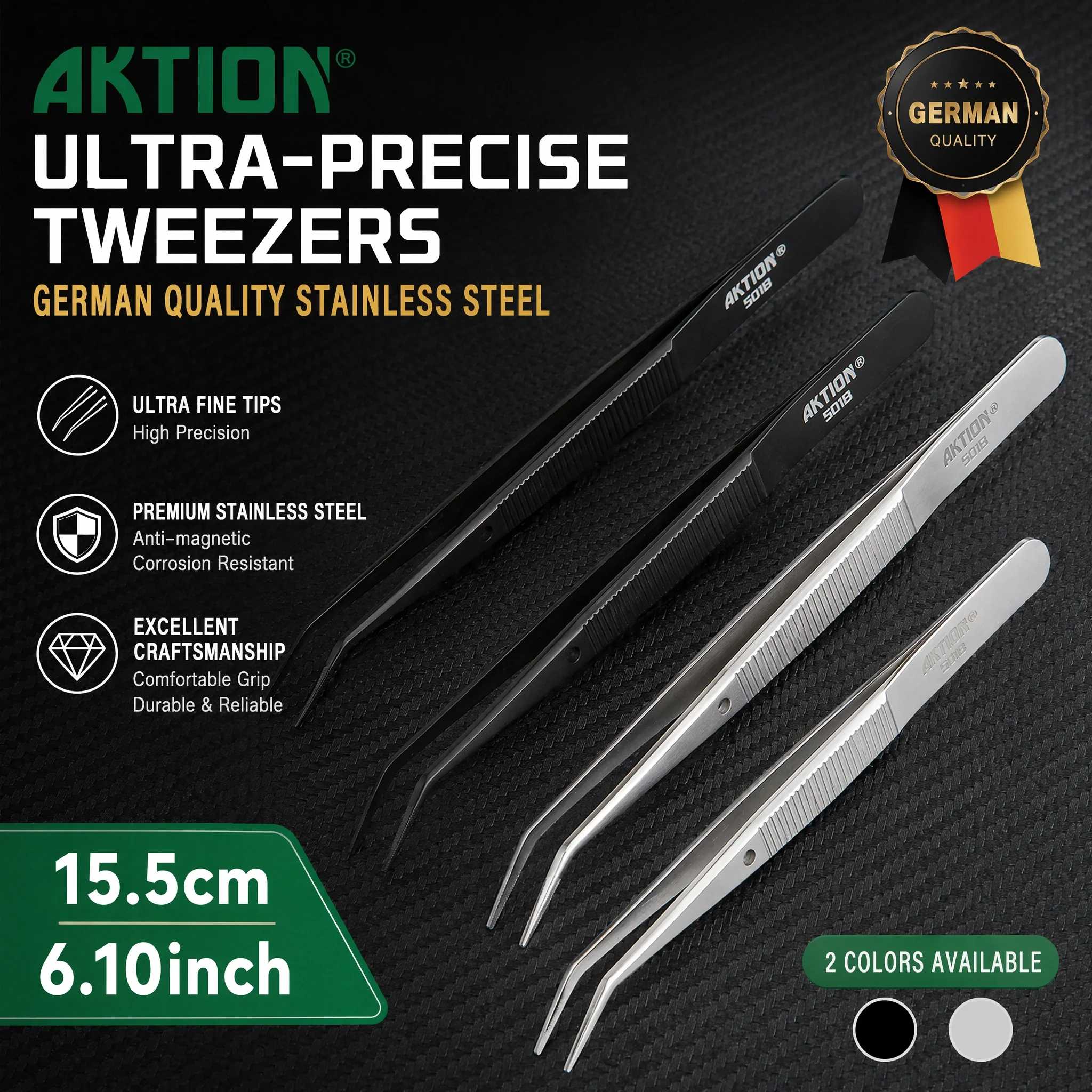 AKTION Professional Anti-Static Tweezers Precision Curved Tip German Steel Tools for Electronics Repair/Jewelry Making/Resin Art
