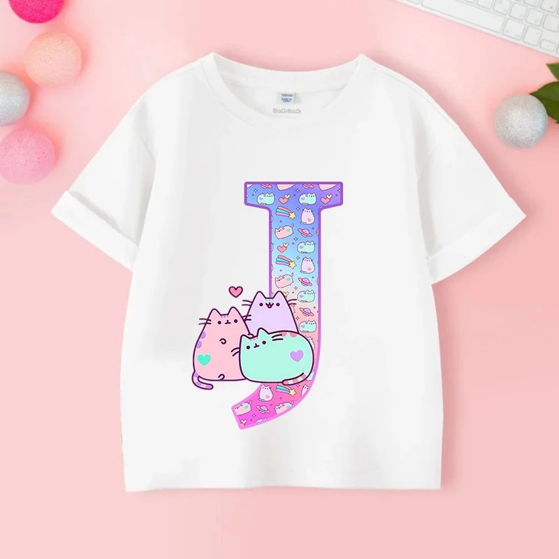 Pusheens Letter A-Z T-shirt Girls Anime Cat Tees Kids Summer Clothes Outdoor Sport Tops New Short Sleeve Children Gift Hot Sales