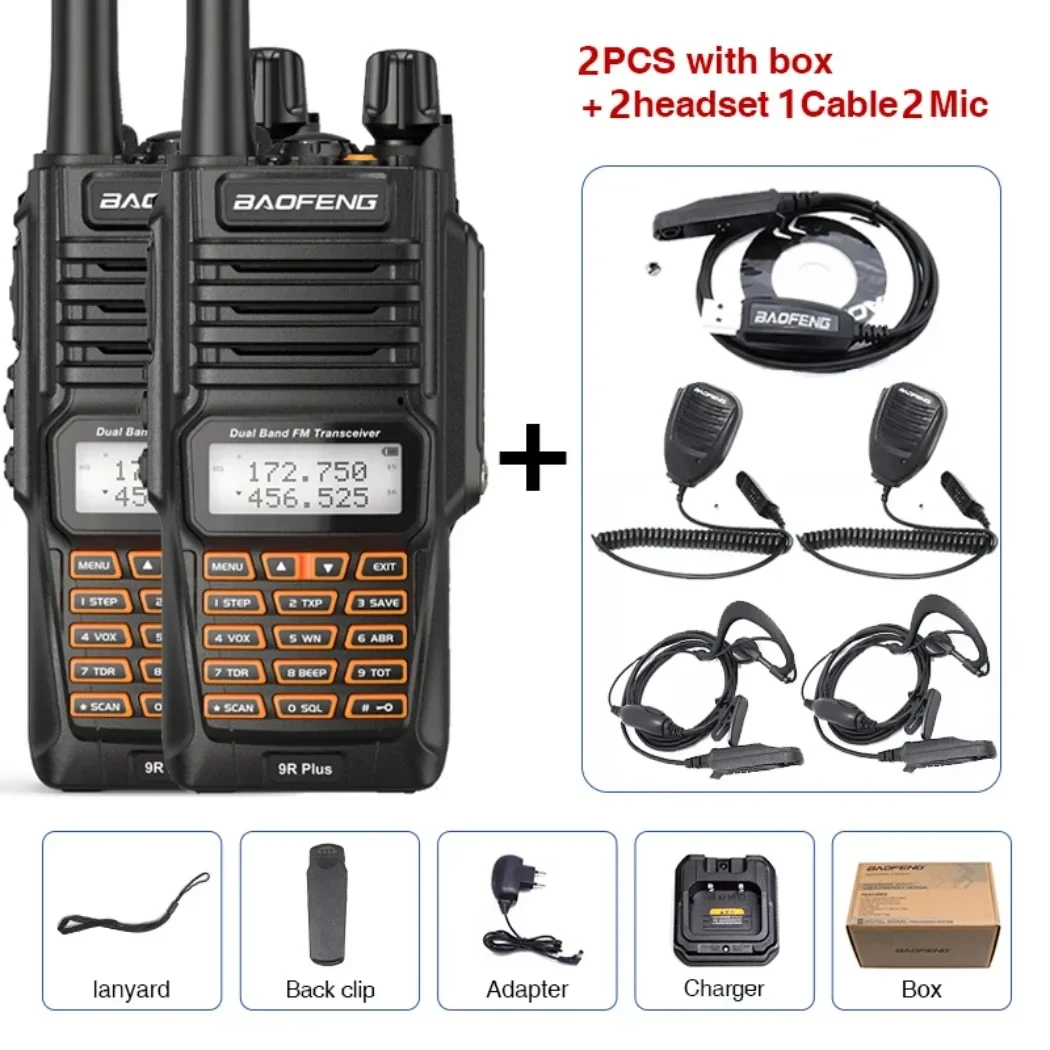 2 pçs walkie talkies à prova dwaterproof água baofeng UV-9R plus 10w portátil cb ham rádio transceptor vhf uhf 2 vias rádio uv9r mais caça 10km