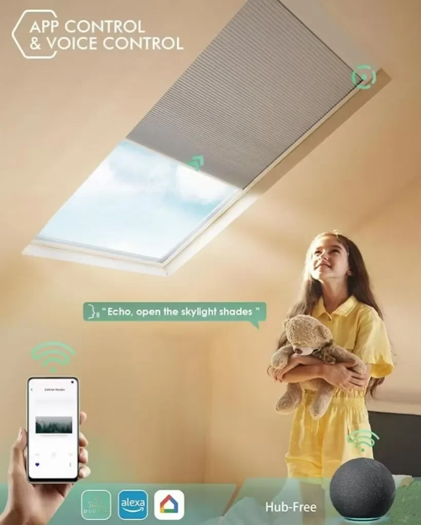 Modern High Quality Light Control Alexa WIFI Google Direct Connect  Motorized Skylight Honeycomb Blinds for Window