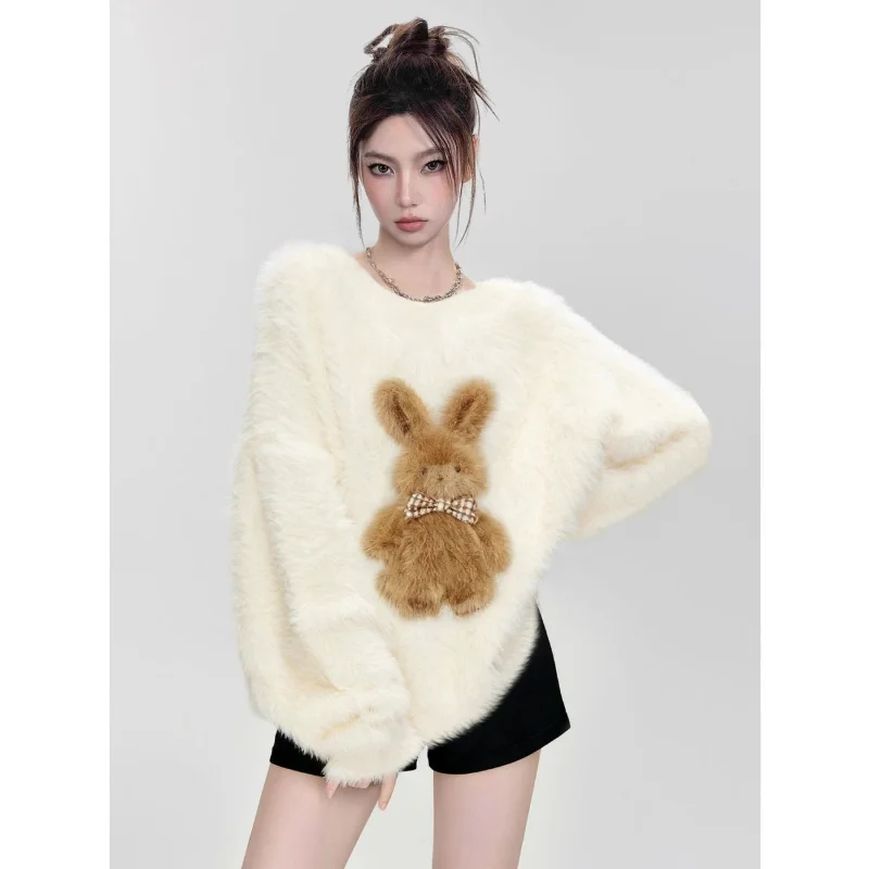 Women Fuzzy Mink Knit Sweater With 3D Rabbit Pattern Round Neck Loose Mid Length Warm Pullover Top Autumn Winter