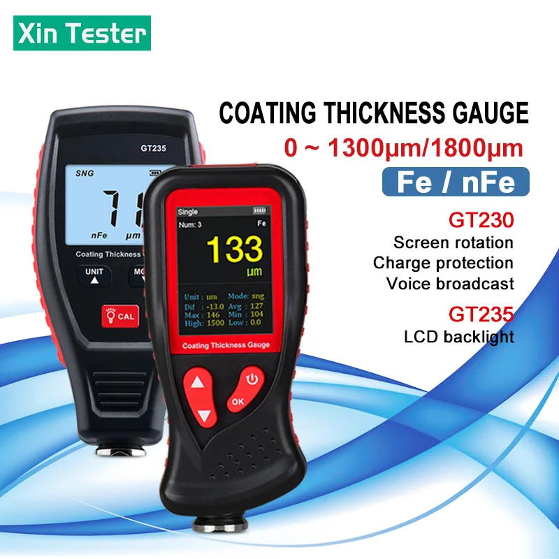 

Xin Tester Digital Coating Thickness Gauge 0.1micron/0-1300/1800um FE/NFE Paint Film Thickness Tester GT235/GT230