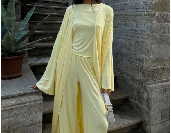 

3 Piece Set Women Outfit 2025 Spring New Solid Color Long Cardigan Long Sleeved Top High Waisted Casual Wide Leg Pants Set