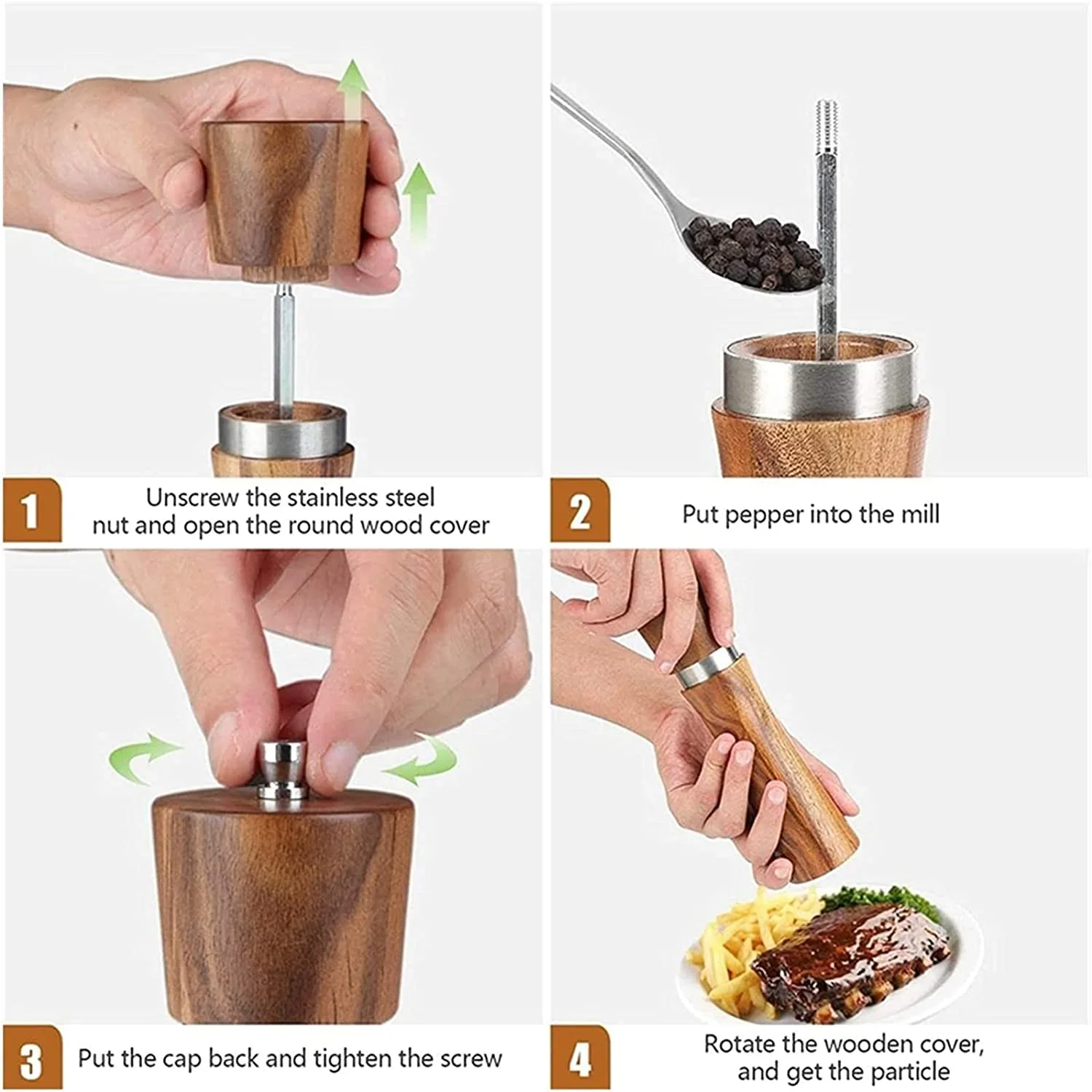 Conjunto de moinho de sal e pimenta de madeira de 8 polegadas Conjunto de moedor de sal e pimenta de madeira de acácia com núcleo cerâmico