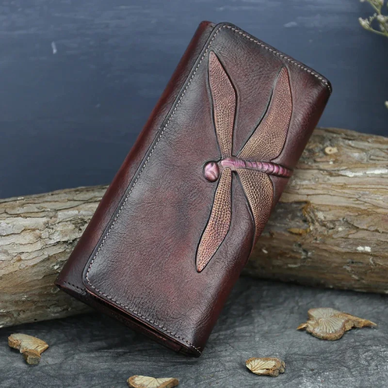 

High Quality Genuine Leather Women Clutch Purse ID/Credit Card Cash Holder Dragonfly Pattern Retro Cowhide Money Long Wallets