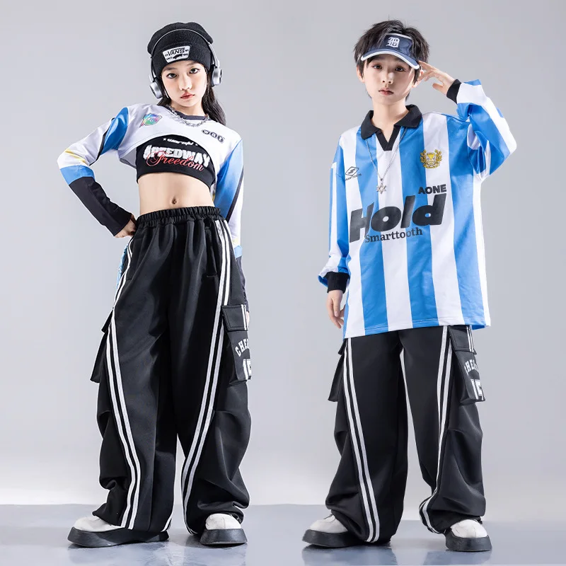 Girls Hip Hop Retro Crop Shirt Loose Cargo Pants Kids K-pop Top Street Dance Clothes Sets Children Teens Cool Stagewear Costumes