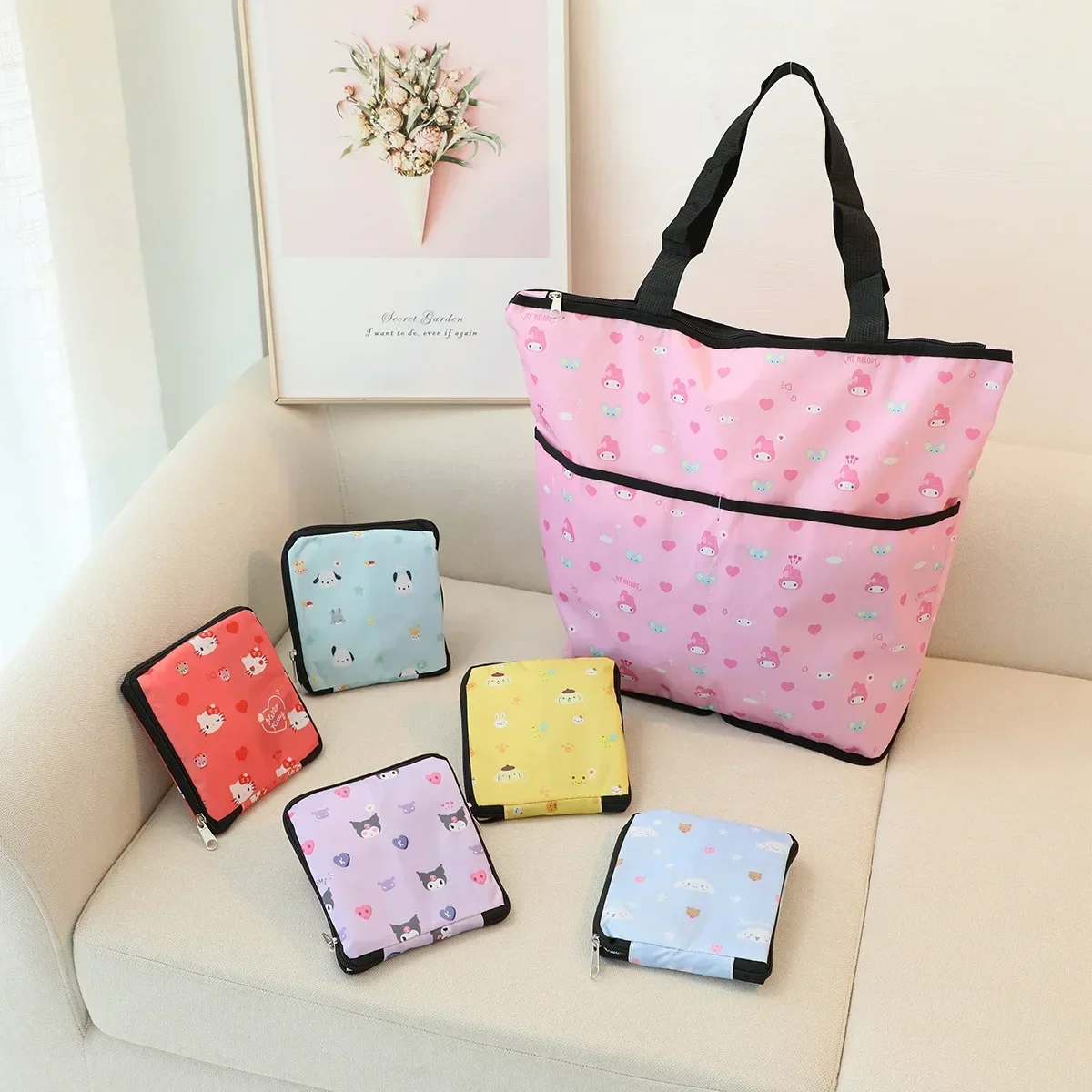 

Sanrio hello kitty Handbag Cartoon kuromi Shopping storage Bag Waterproof Folding Shoulder Bag Environmental Protection Bag