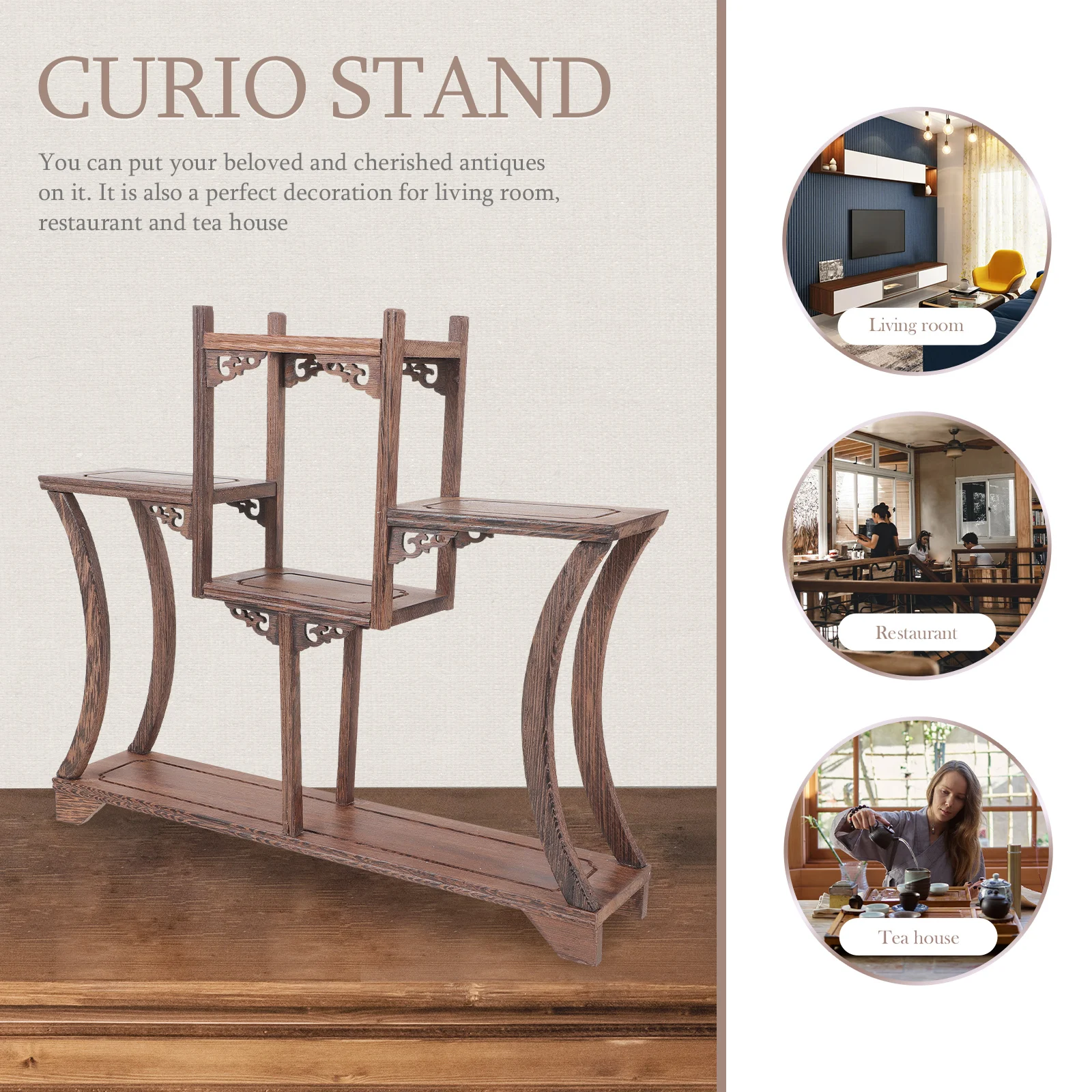 

Rustic Wood Display Stand Shelf Curio Storage Rack Teapot Display Cabinet Decorative Wooden Tabletop Plant for Teacup