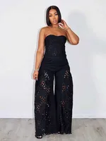 Female Clothing Elegant Sets V Neck Lace Sexy Strapless Crop Top and Wide Leg Pants Set Women Hollow Out Summer Two Piece Set - Image 4
