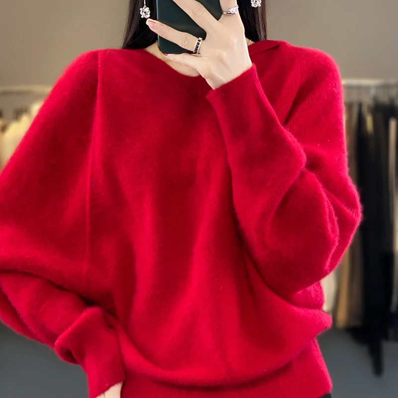 Autumn Winter New Women\'s 100% Wool Sweater Classic Fashion Female Solid Color Hooded Knitted Pullover Loose Soft Knit Jumper