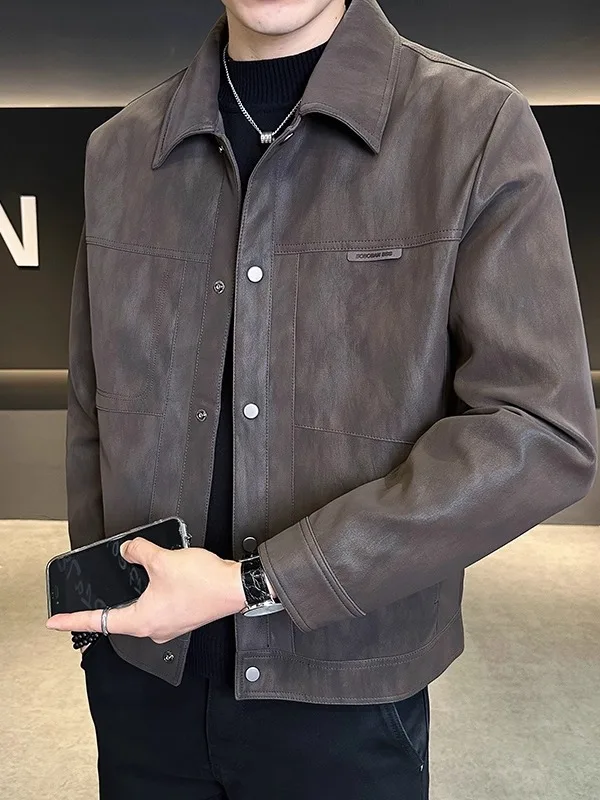 

Облегающий кожаный дэт для мужчин, осень 2024, новый модный бренд, универсальный отложной воротник, верхняя одежда Haome на весну и осень