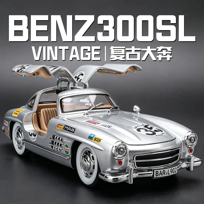 1:24 Retro Mercedes 300SL Racing Diecast Alloy Car Pull Back Sound Light Open Doors Shock Absorption Steering Decor Gift