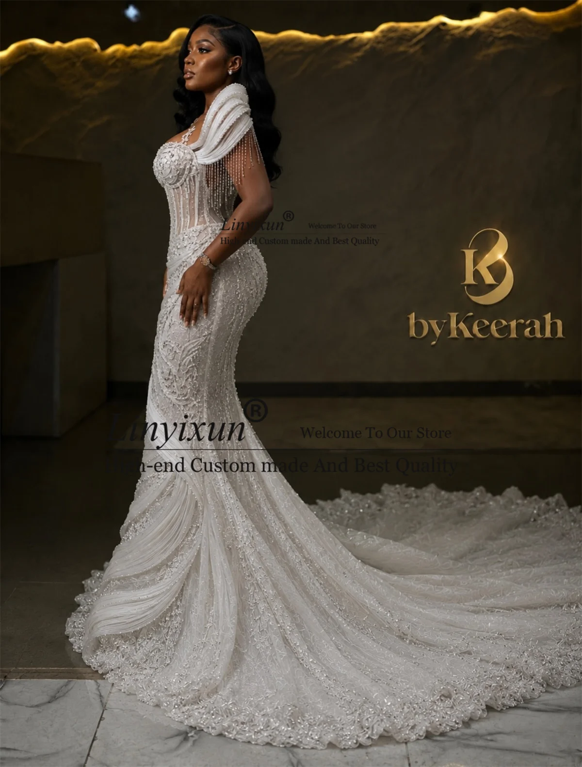 Glitter Sequins Lace Prom Dress Aso Ebi Mermaid Evening Party Second Reception Customized Black Girls Diamond Robe De Soire