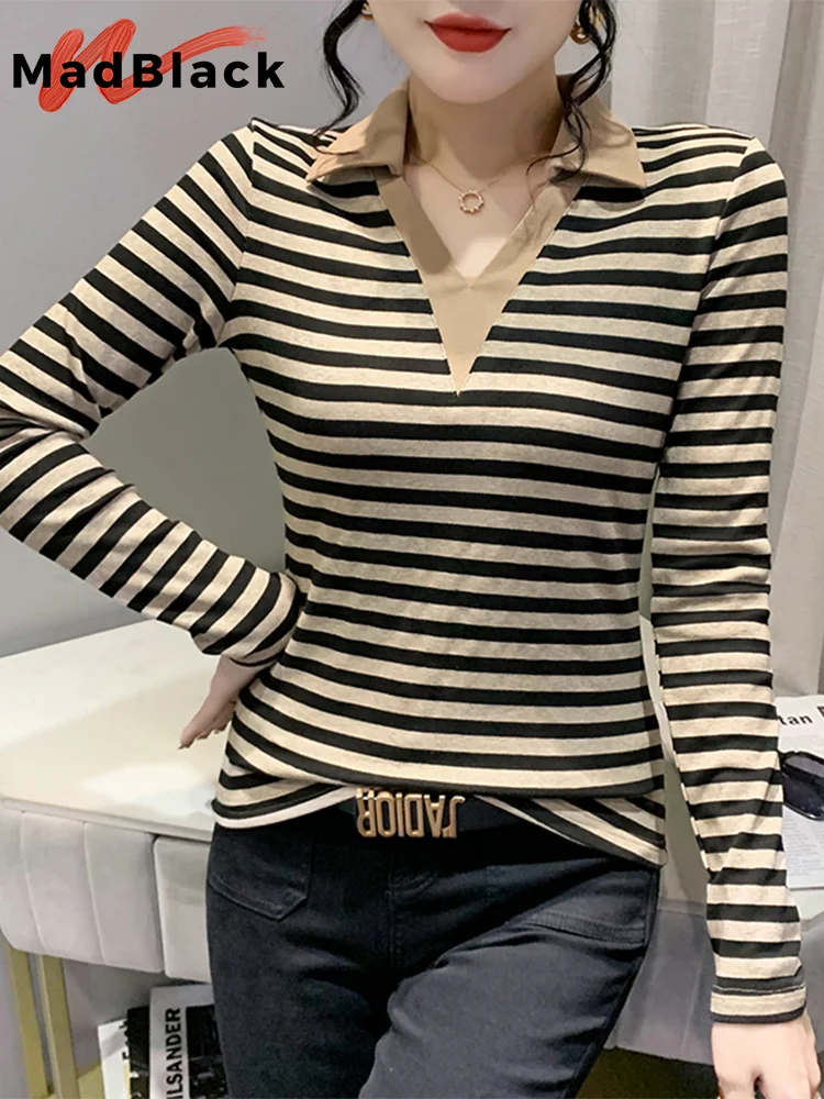 

MadBlack European Clothes Tshirt Women Sexy Turn Down Collar Stripe Slim Cotton Top Long Sleeve Tees Autumn Winter T39763JM