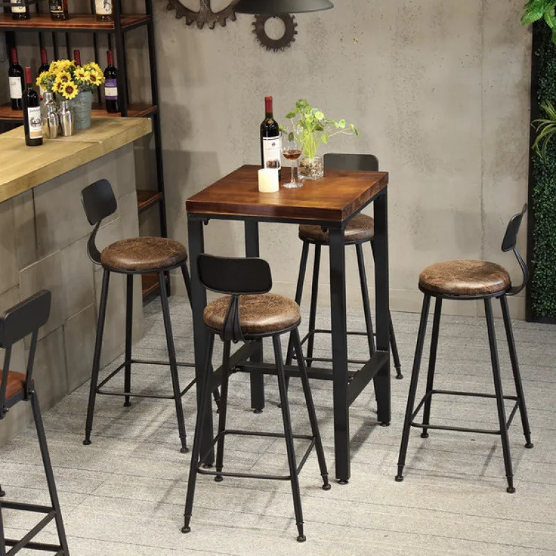 Wrought iron tall table Solid wood small square table Bar table Card seat Home bar