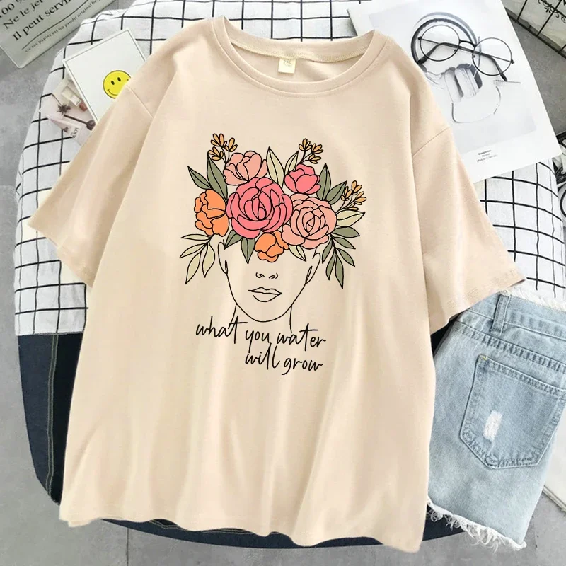 Casual Short Sleeve Casual Cotton Clothes Fashion Breathable Soft T Shirt What You Water Will Grow Female Tshirt Oversized