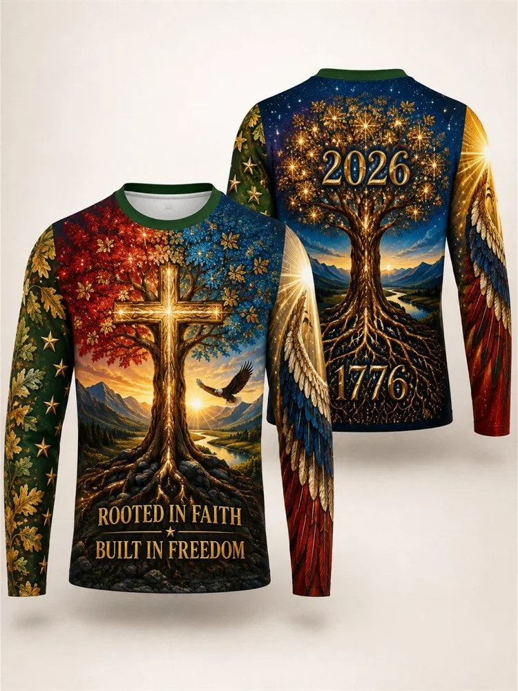 Men's Cross Tree Eagle Rooted In Faith Built In Freedom 2026 1776 Christian Long Sleeve T-Shirt Graphic Pullover Tops Gift