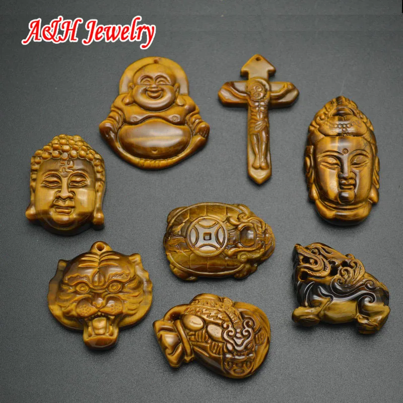 5pcs Natural Tiger Eyes Fine Carved Fengshui Stone Guanyin Buddha Pixiu Jesus Cross Pendants For Fashion Unisex Jewelry Making