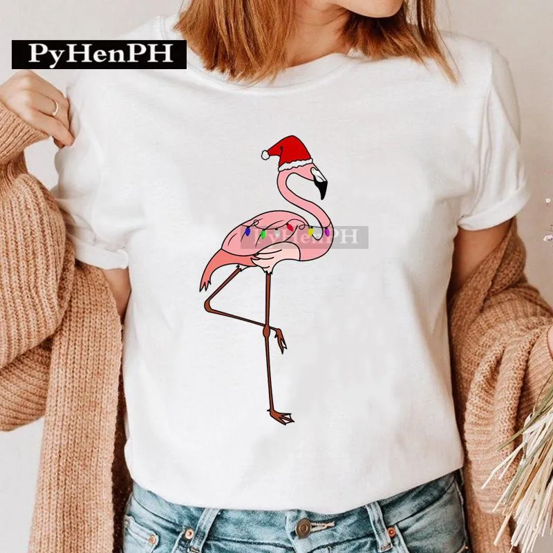 Christmas Flamingos T-shirt Men's and Women's Christmas Couples Short Sleeve Fashion Women's Wear Graphic T Shirts Women Clothes