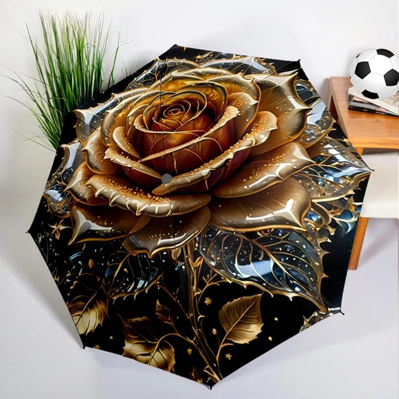 

Retro Gold Pink Rose Umbrella Automatic Open/close, Sturdy Iron Frame & 8-Rib Struct, Umbrella for Women & Men, Christmas Gifts