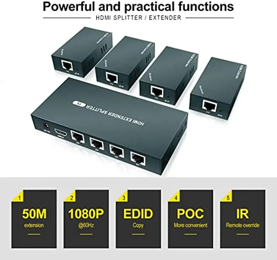 HDMI Extender Splitter 1x4 with IR HD 1080P@60Hz 4 Channel Transmit Up to 165ft (50m) Over CAT5e/6 EDID Copy Plug and play