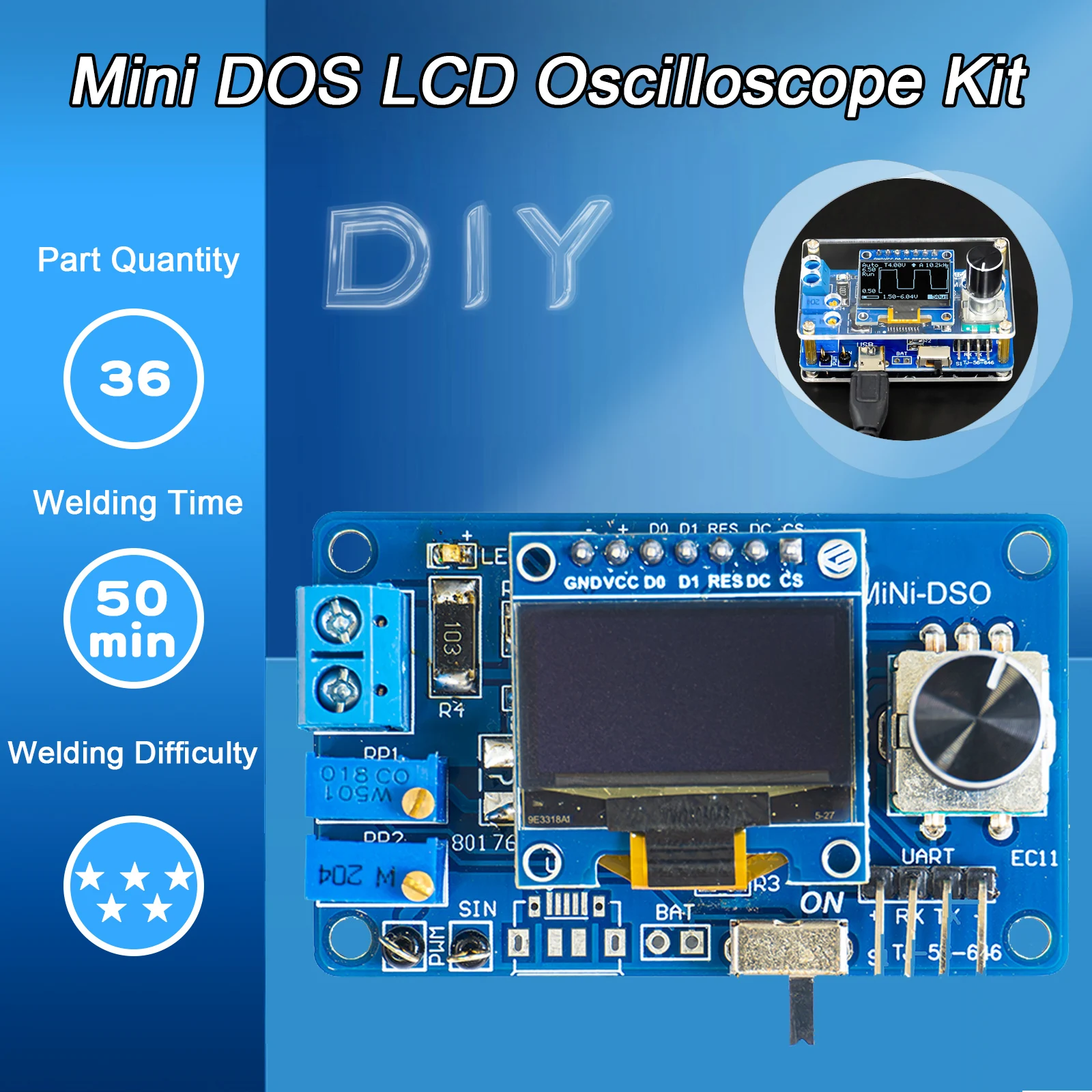 Mini DOS LCD Oscilloscope Kit STC8K8A Single Chip Microcomputer Electronic Welding Training Production of Loose Parts