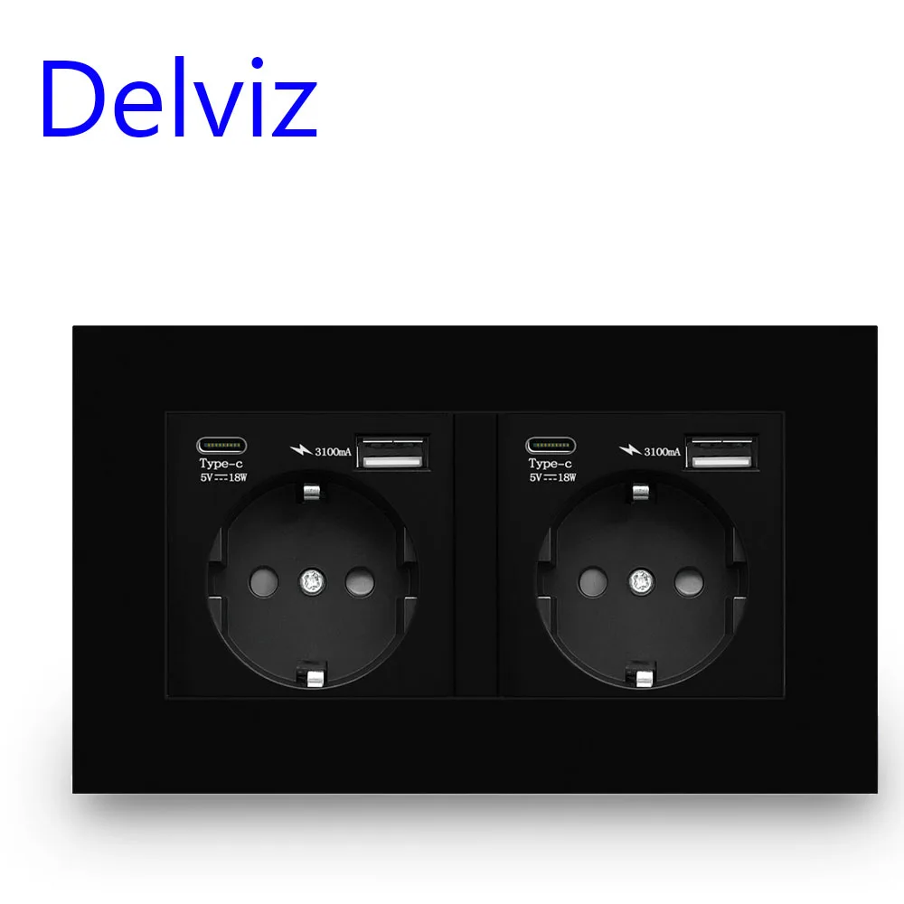 Delviz Type C USB Socket, AC 110V-250V 16A dual Socket, 5V 3100mA With usb Ports,146MM*86MM Panel, EU Standard Wall Power Outlet